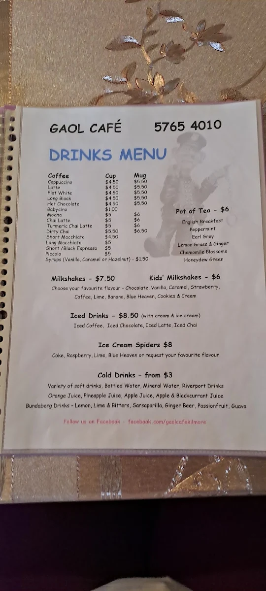 Menu, Gaol Cafe