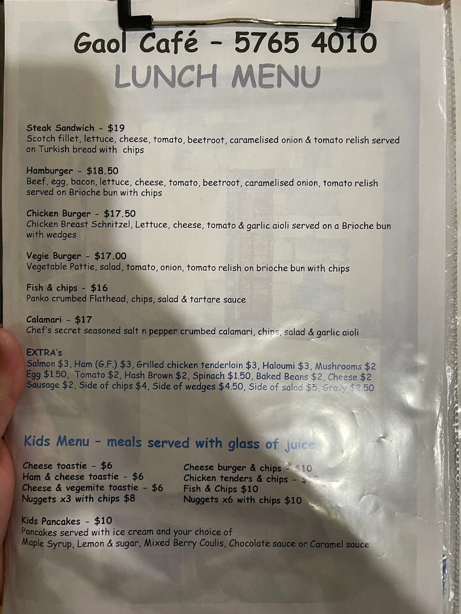 Menu, Gaol Cafe