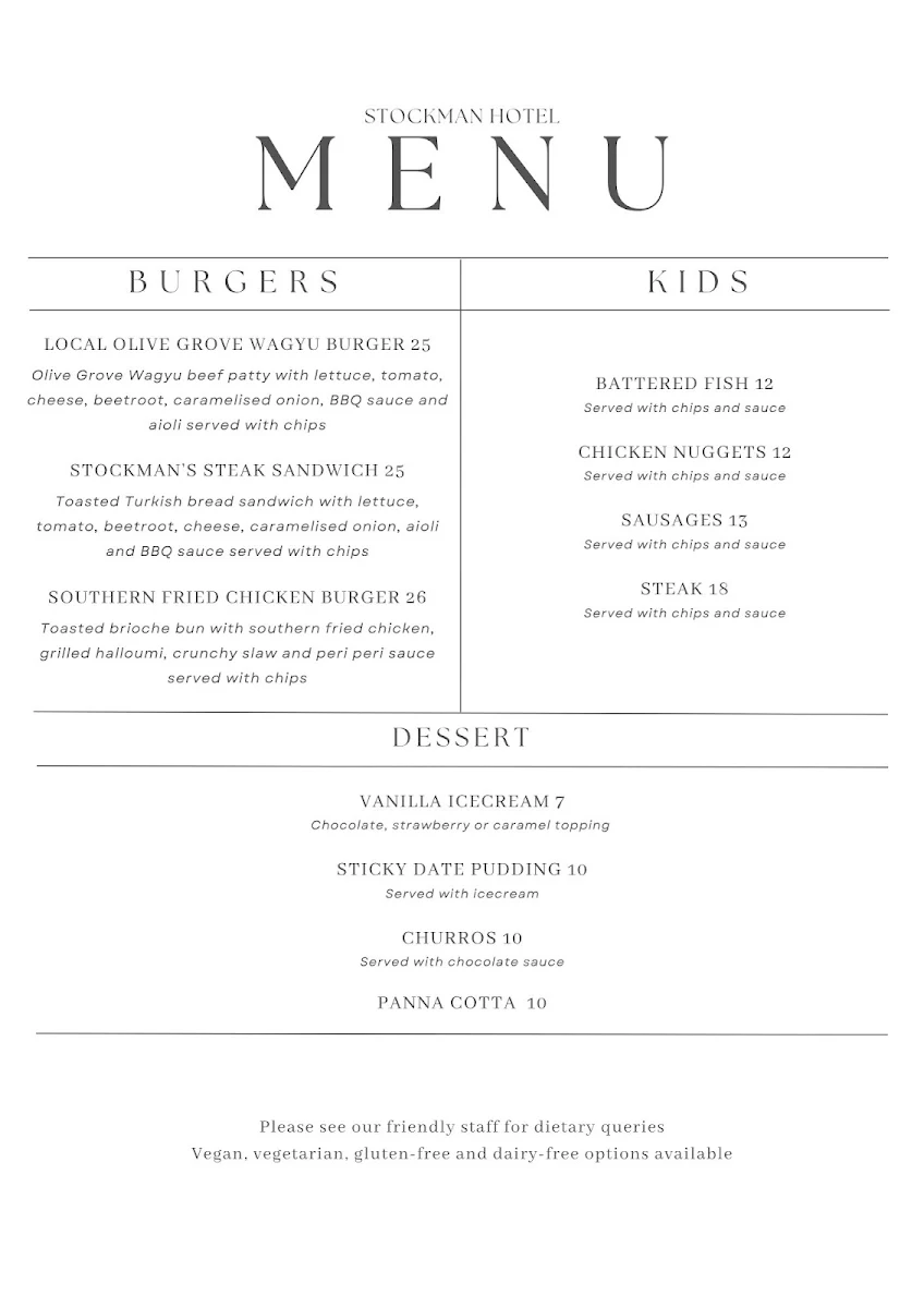 Menu, Stockman Hotel