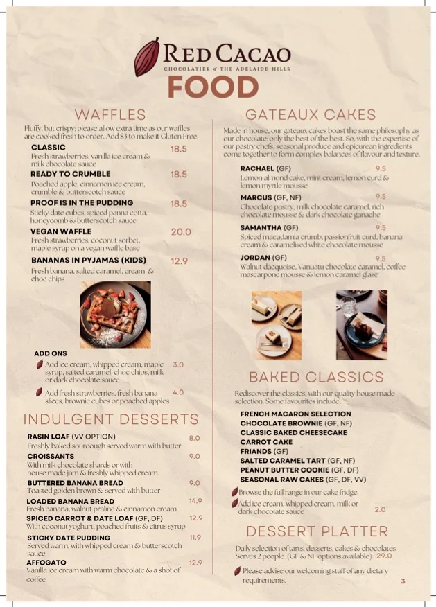 Menu, Red Cacao