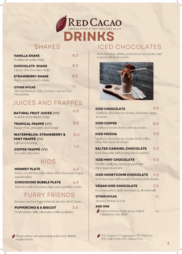 Menu, Red Cacao
