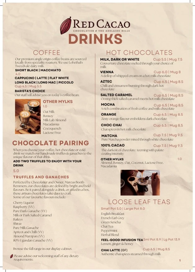 Menu, Red Cacao