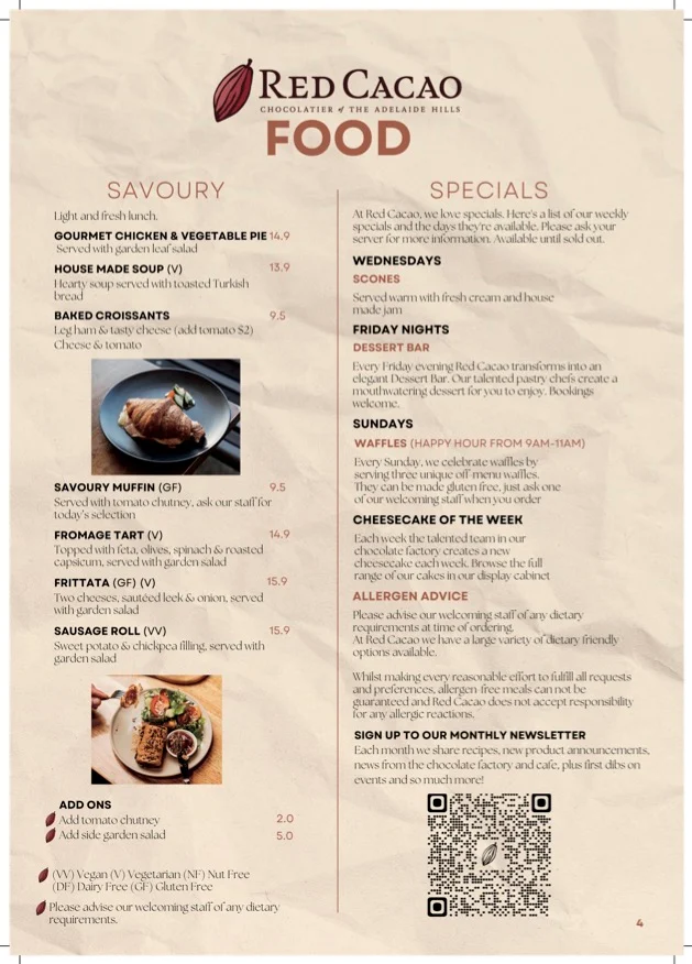 Menu, Red Cacao