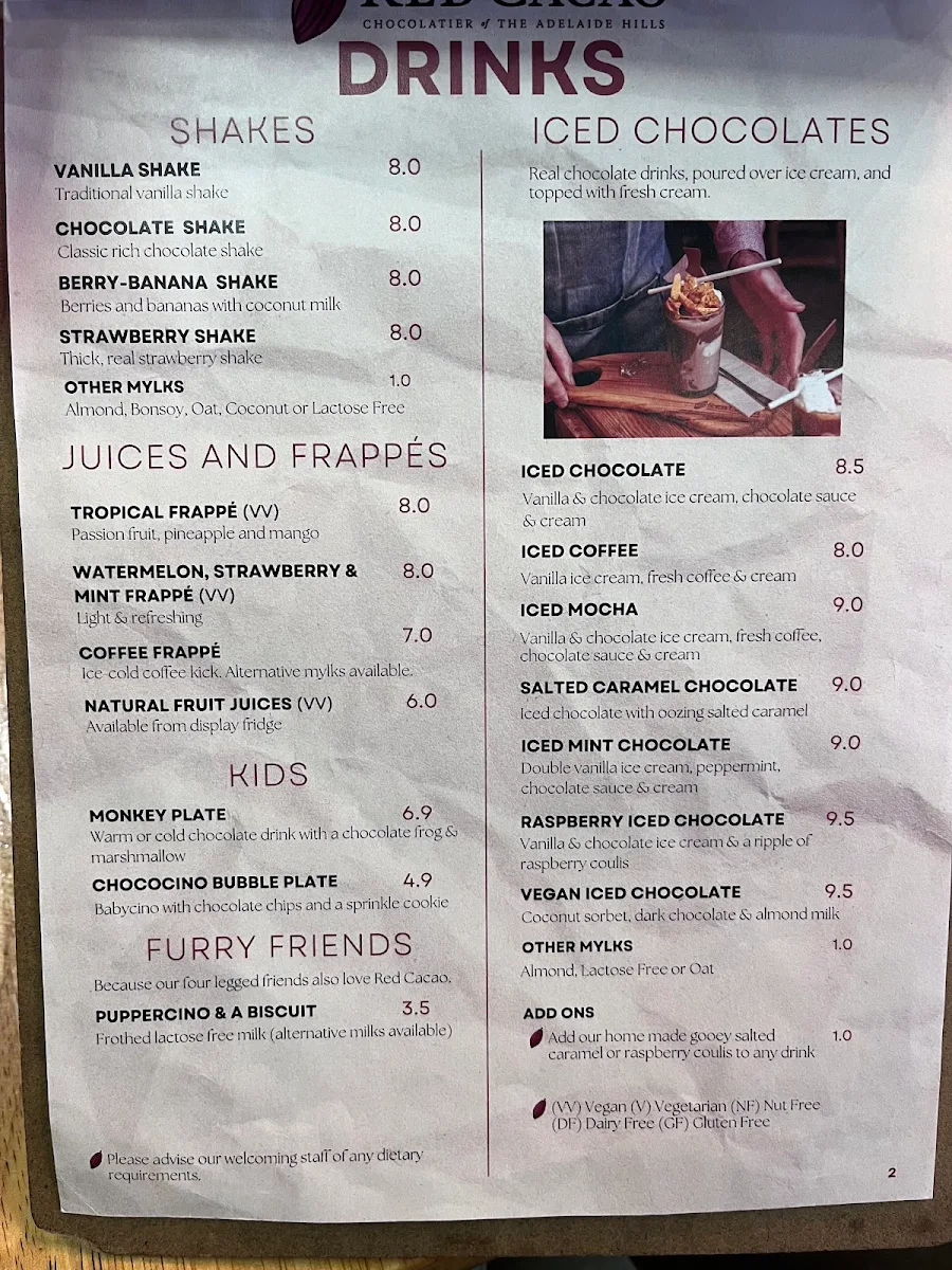 Menu, Red Cacao