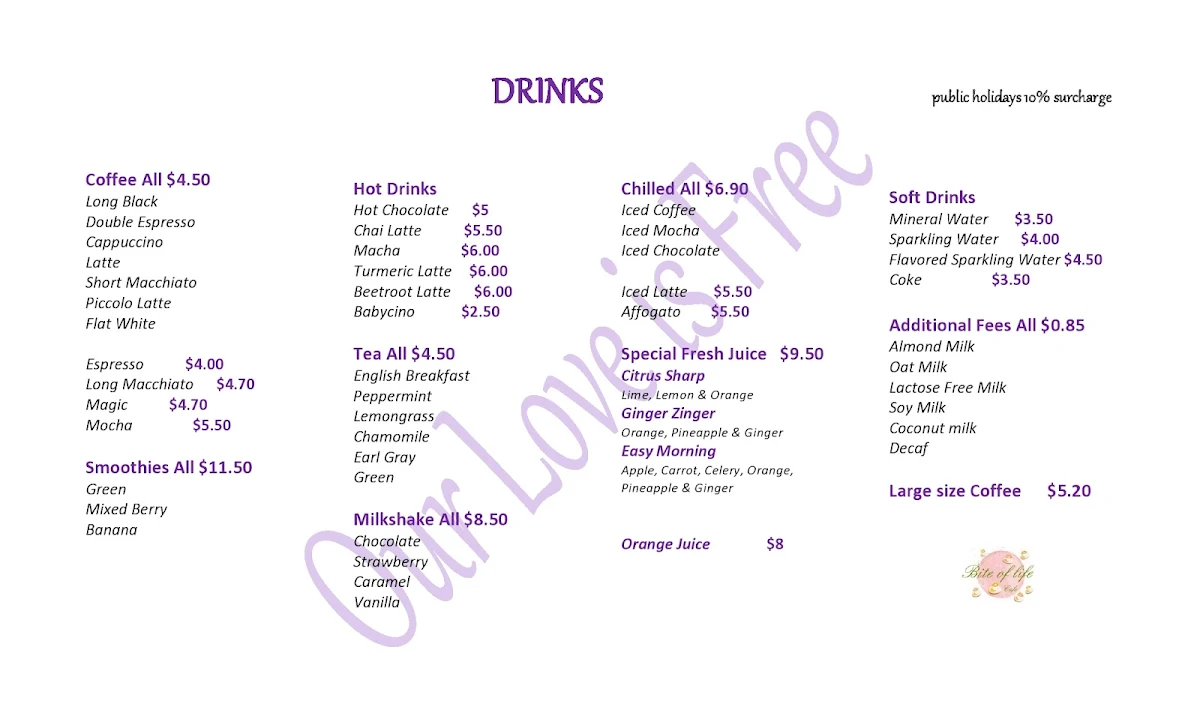Menu, Bite of Life