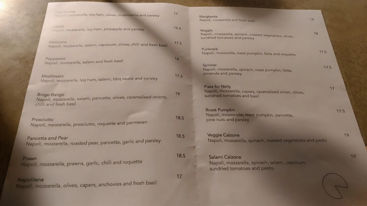 Menu, Pizza Pizza