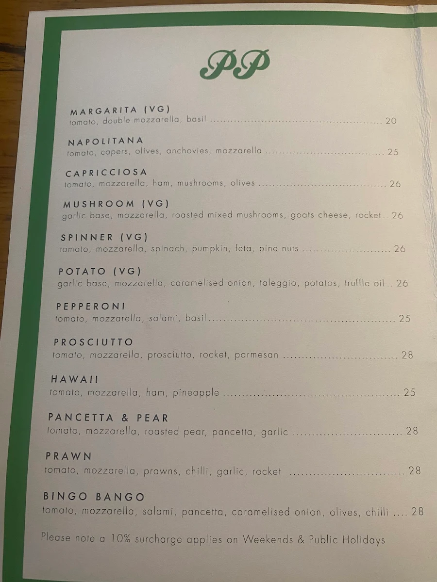 Menu, Pizza Pizza