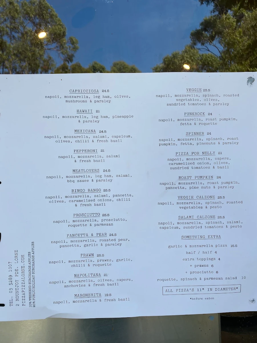 Menu, Pizza Pizza