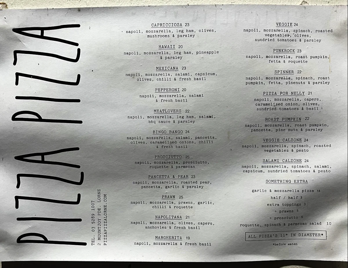 Menu, Pizza Pizza