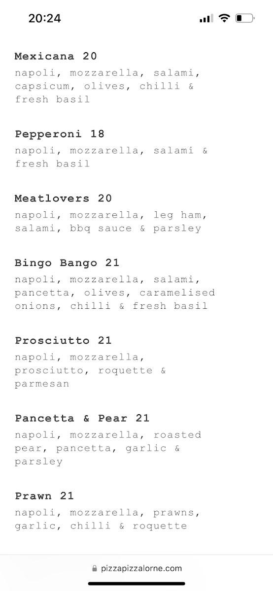 Menu, Pizza Pizza