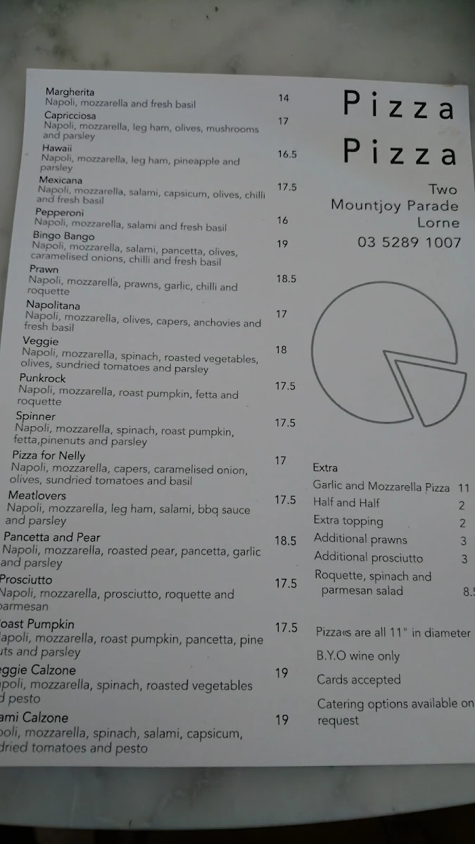 Menu, Pizza Pizza