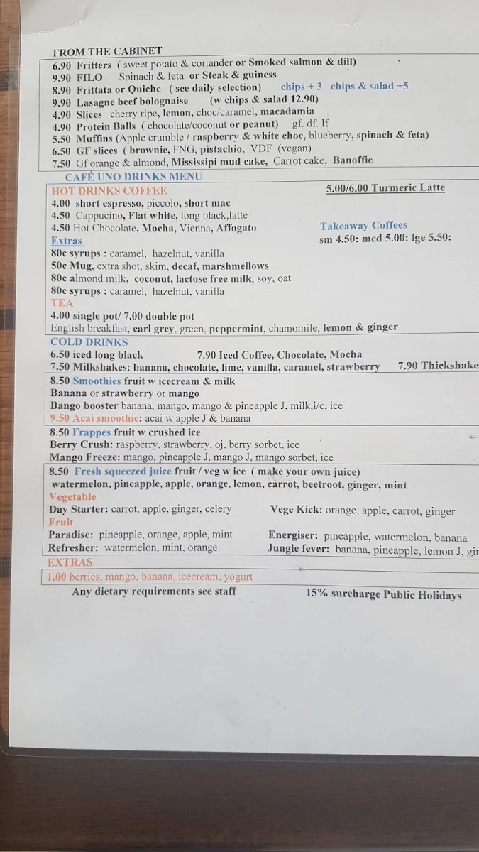 Menu, Cafe 1 Uno