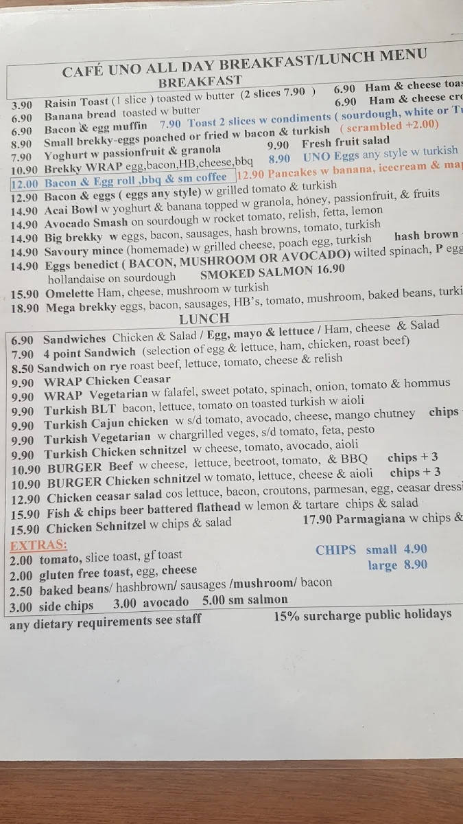 Menu, Cafe 1 Uno