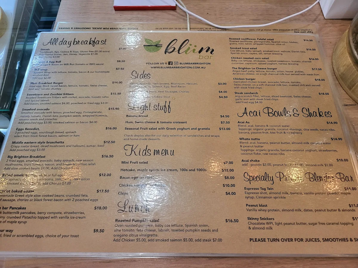 Menu, Blum Bar Cafe