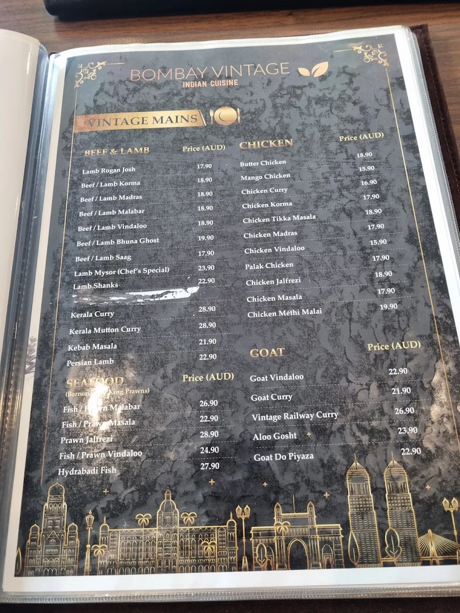 Menu, Bombay Vintage Brighton