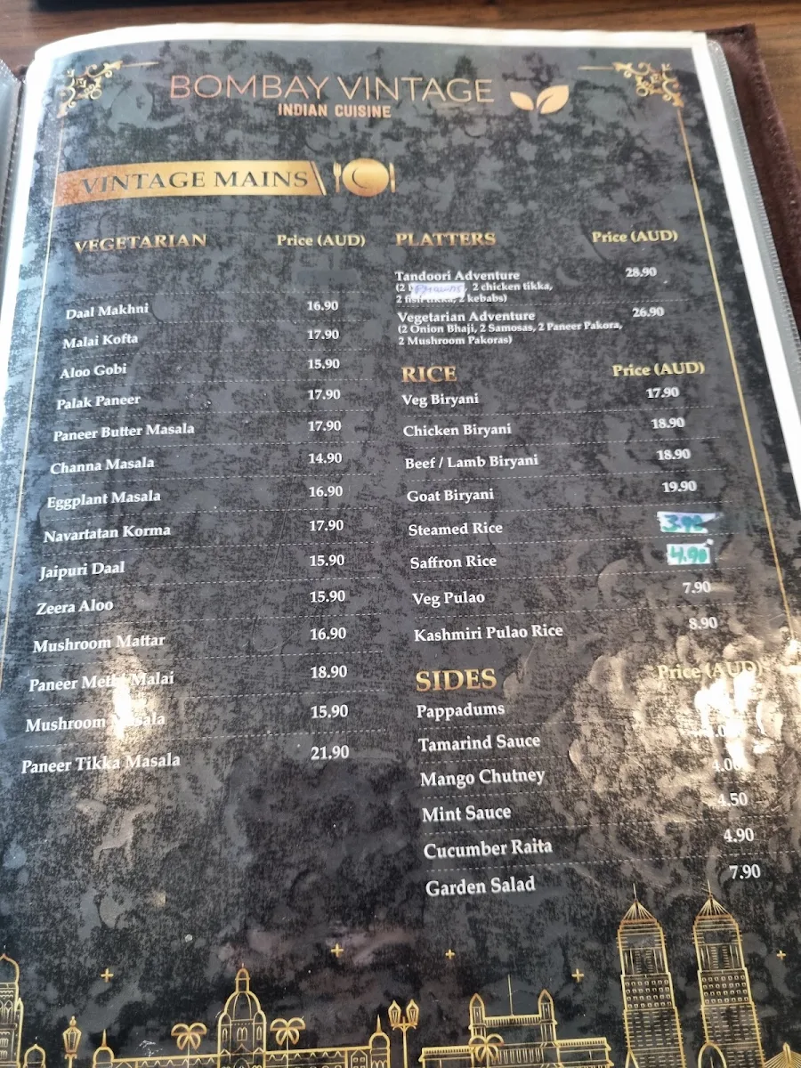 Menu, Bombay Vintage Brighton