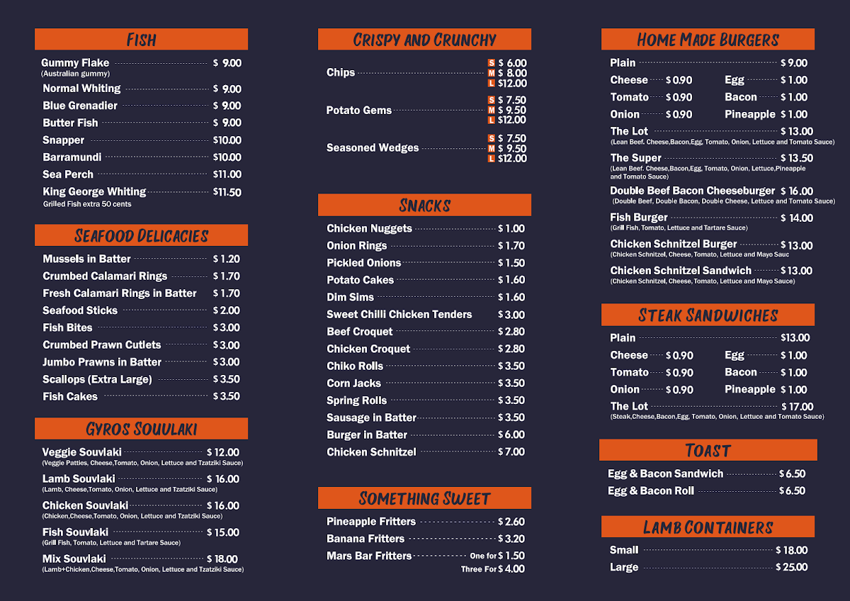 Menu, Jungle Jim's Fish & Chips