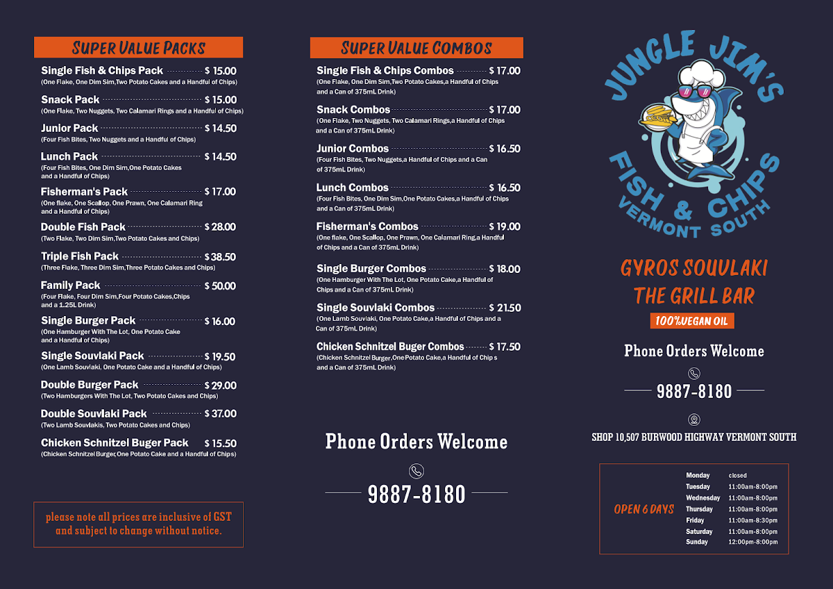 Menu, Jungle Jim's Fish & Chips