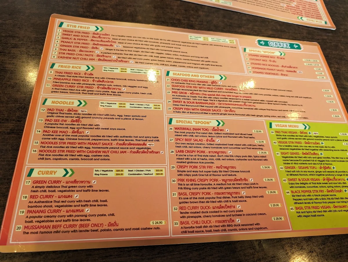 Menu, Silver Spoon Vincentia (Authentic Thai Food)