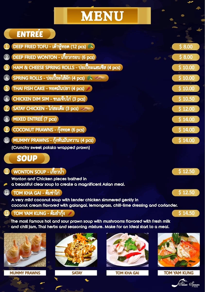 Menu, Silver Spoon Vincentia (Authentic Thai Food)