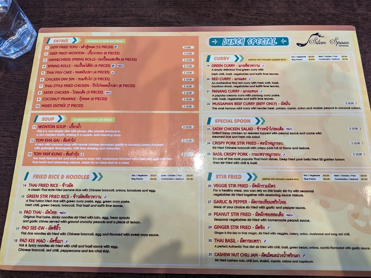 Menu, Silver Spoon Vincentia (Authentic Thai Food)