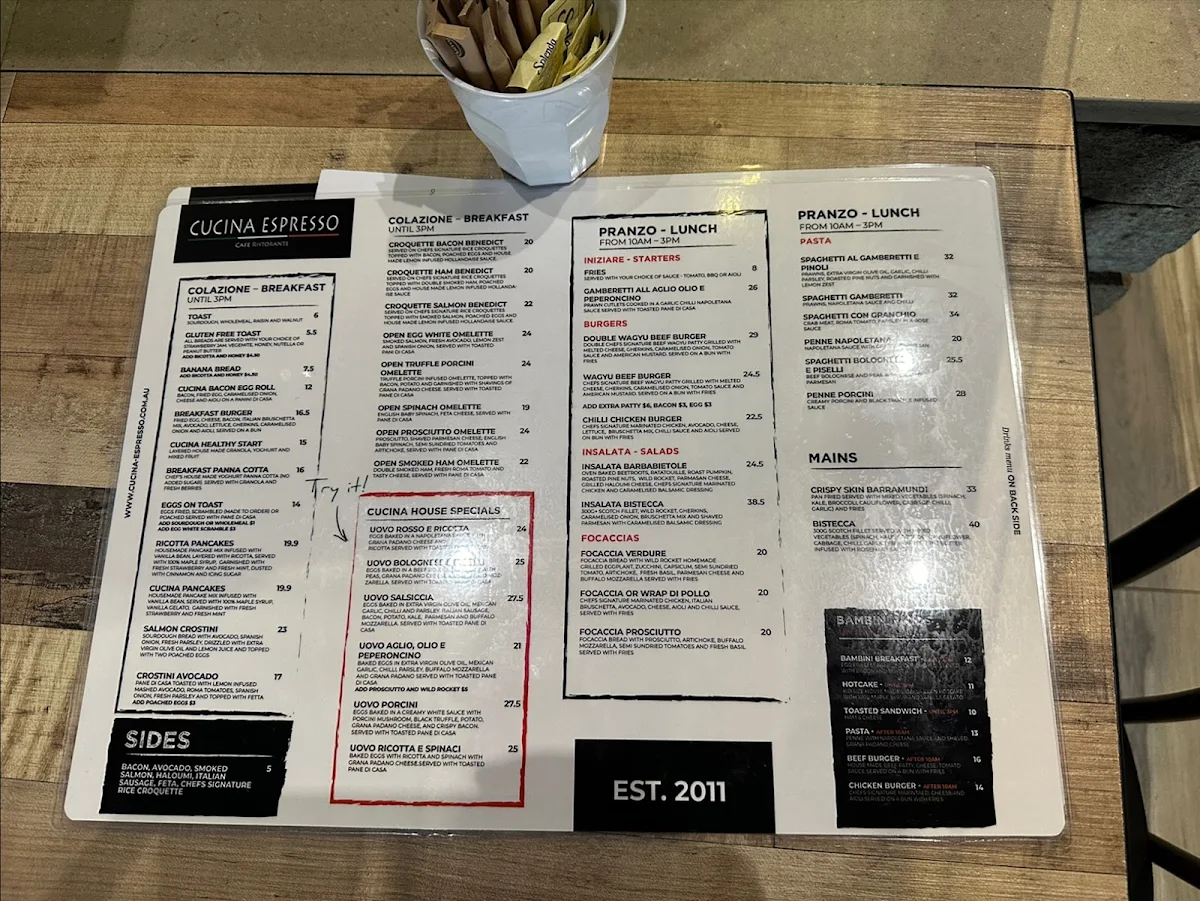 Menu, Cucina Espresso Concord