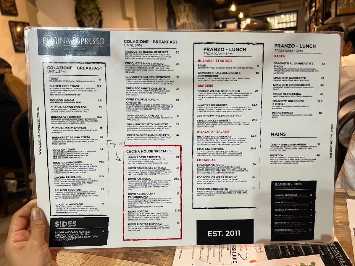 Menu, Cucina Espresso Concord
