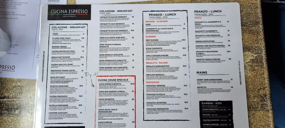Menu, Cucina Espresso Concord