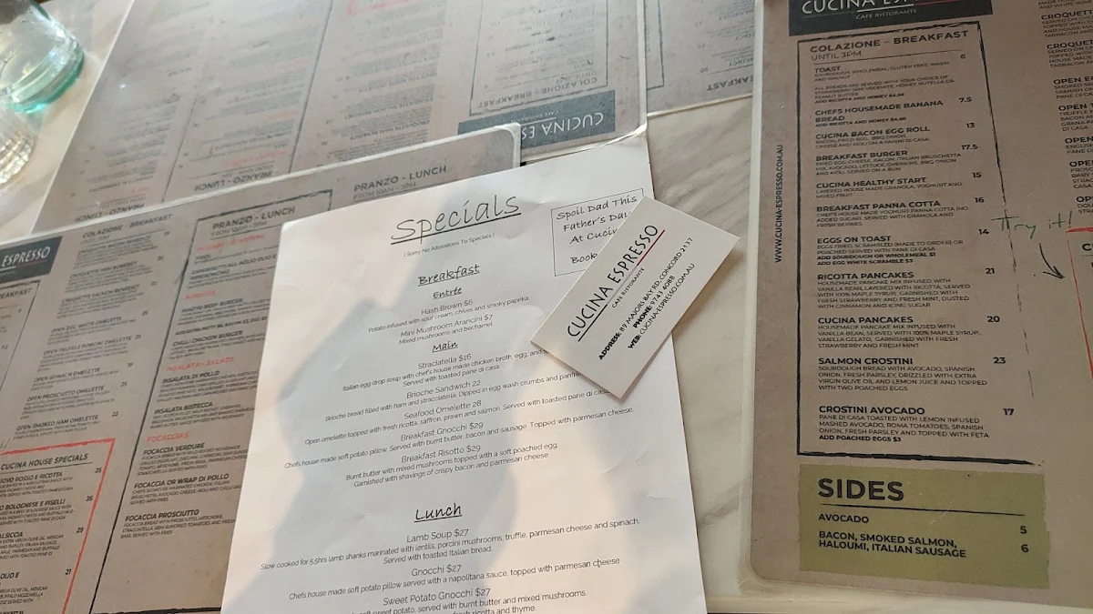 Menu, Cucina Espresso Concord