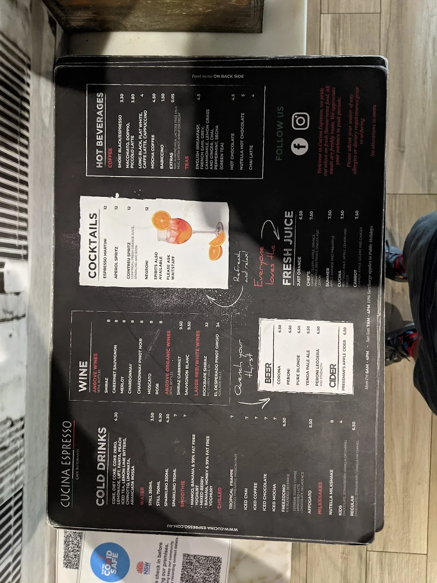 Menu, Cucina Espresso Concord