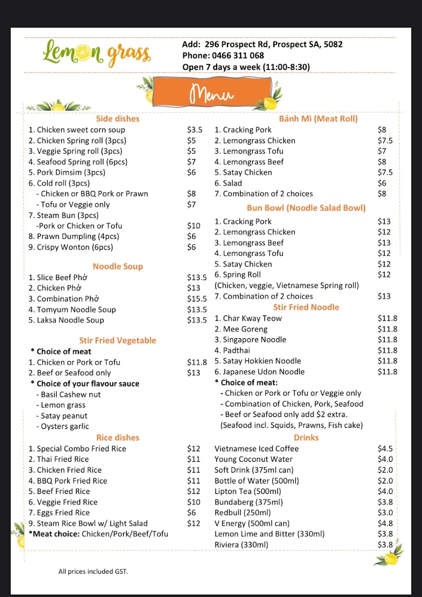 Menu, Lemon Grass