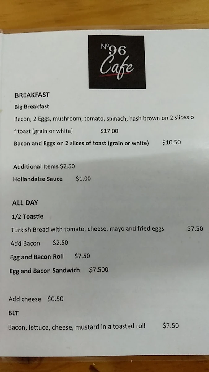 Menu, Cafe 96