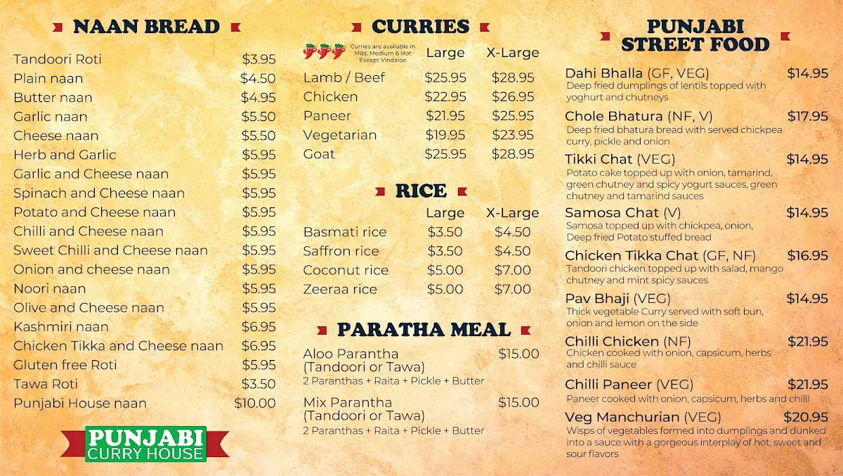 Menu, Punjabi Curry House Clayfield