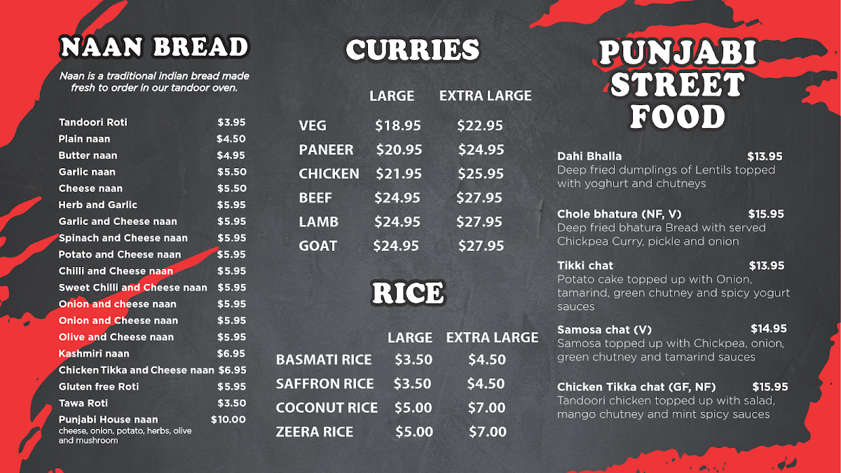 Menu, Punjabi Curry House Clayfield