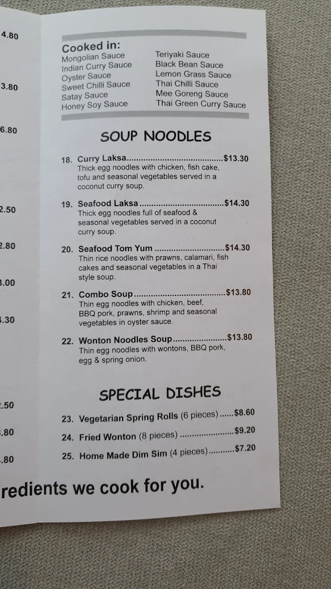 Menu, Express Noodles