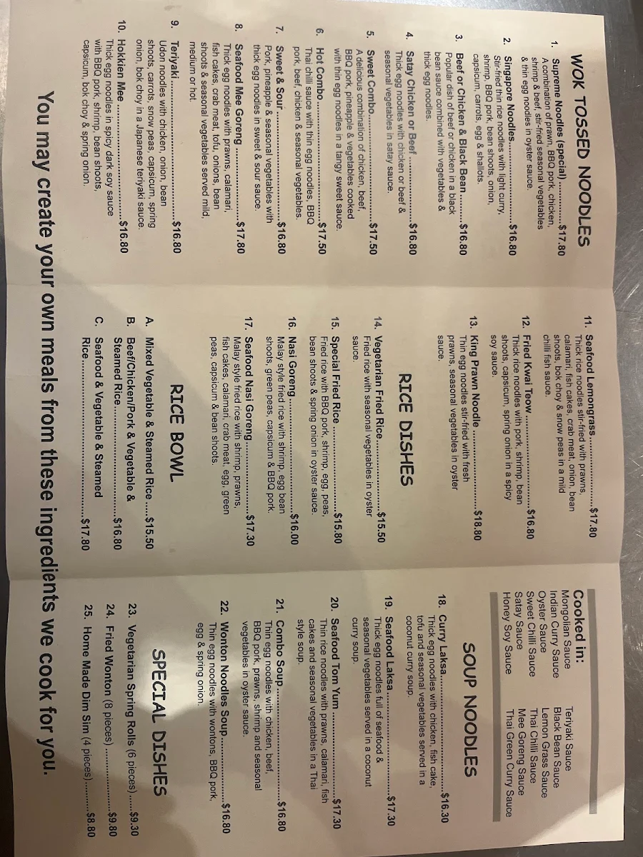 Menu, Express Noodles