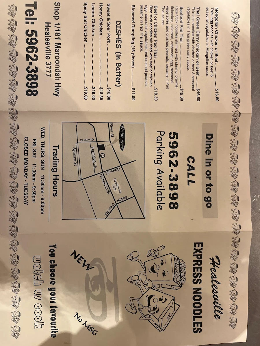 Menu, Express Noodles