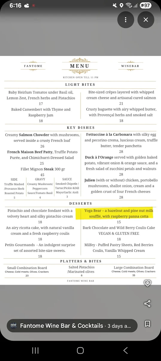 Menu, Fantome Wine Bar & Cocktails