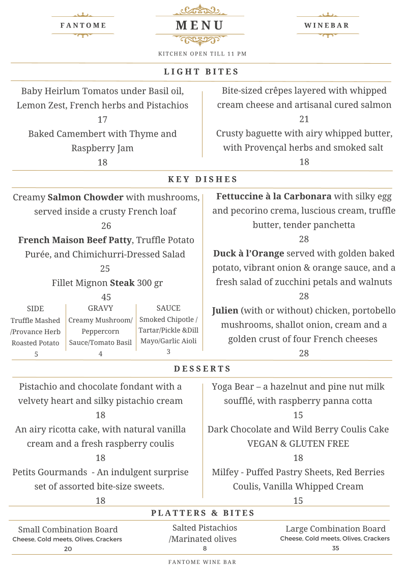 Menu, Fantome Wine Bar & Cocktails