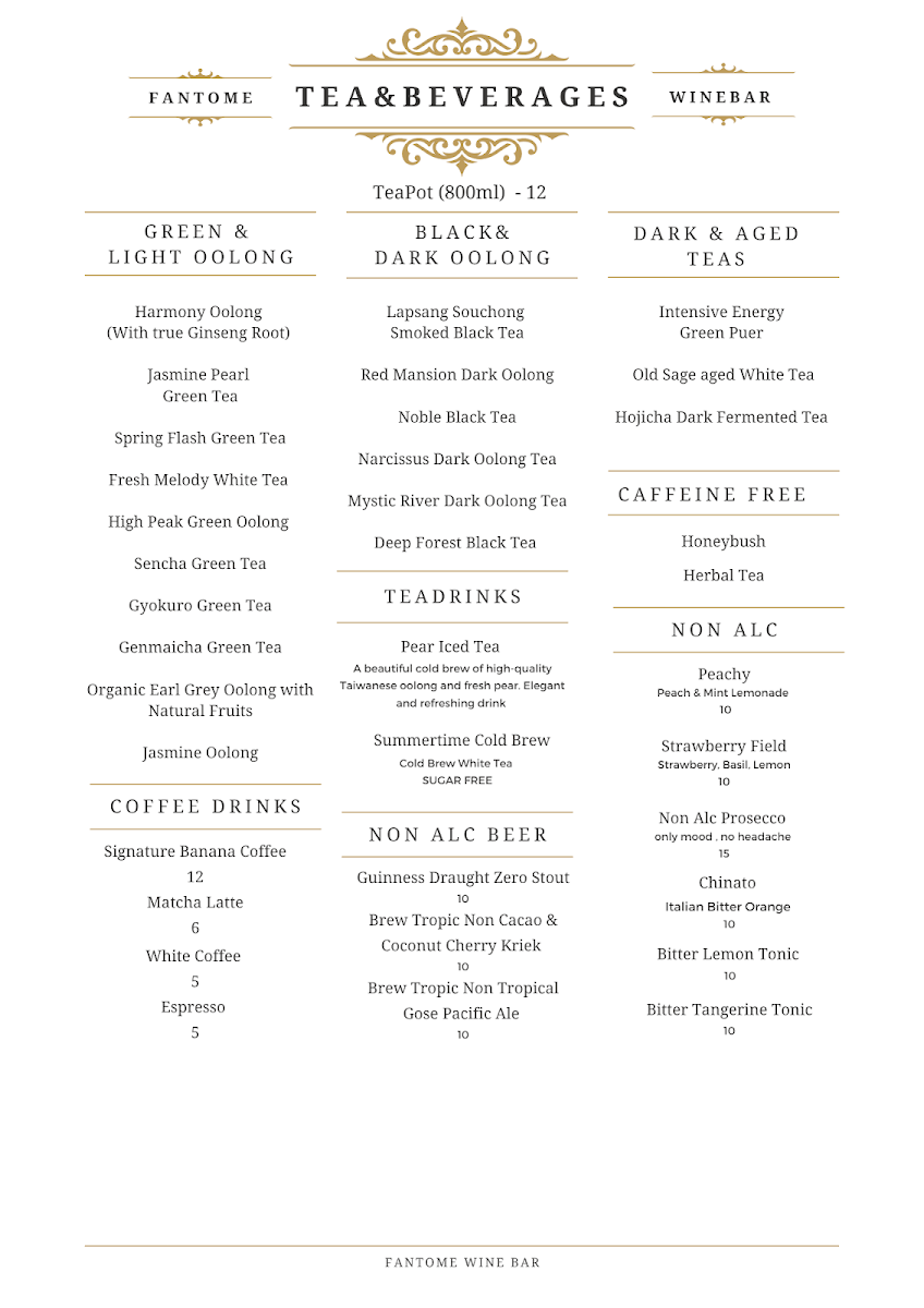 Menu, Fantome Wine Bar & Cocktails
