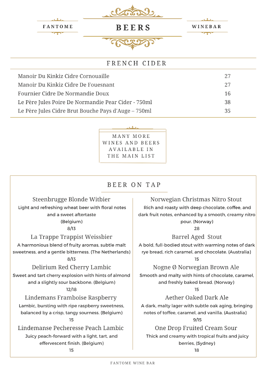 Menu, Fantome Wine Bar & Cocktails