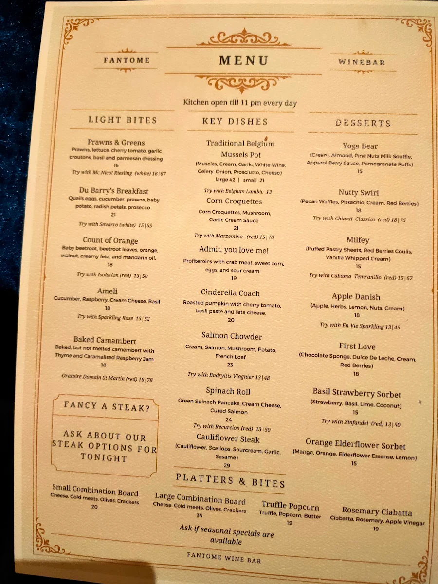 Menu, Fantome Wine Bar & Cocktails