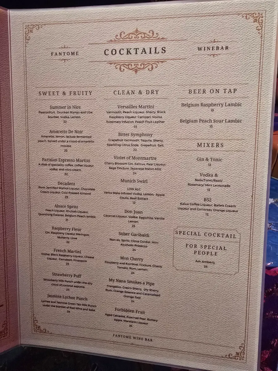 Menu, Fantome Wine Bar & Cocktails