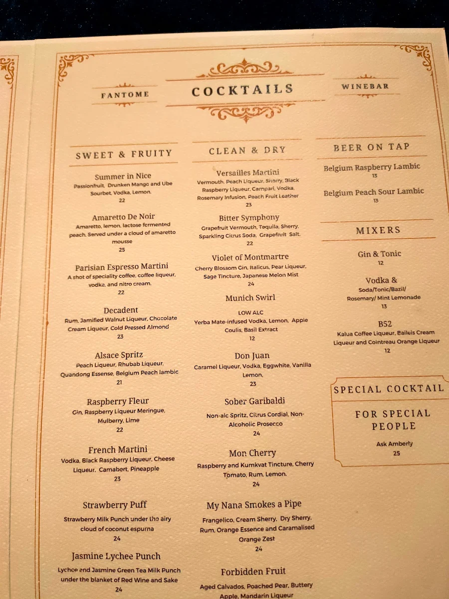 Menu, Fantome Wine Bar & Cocktails