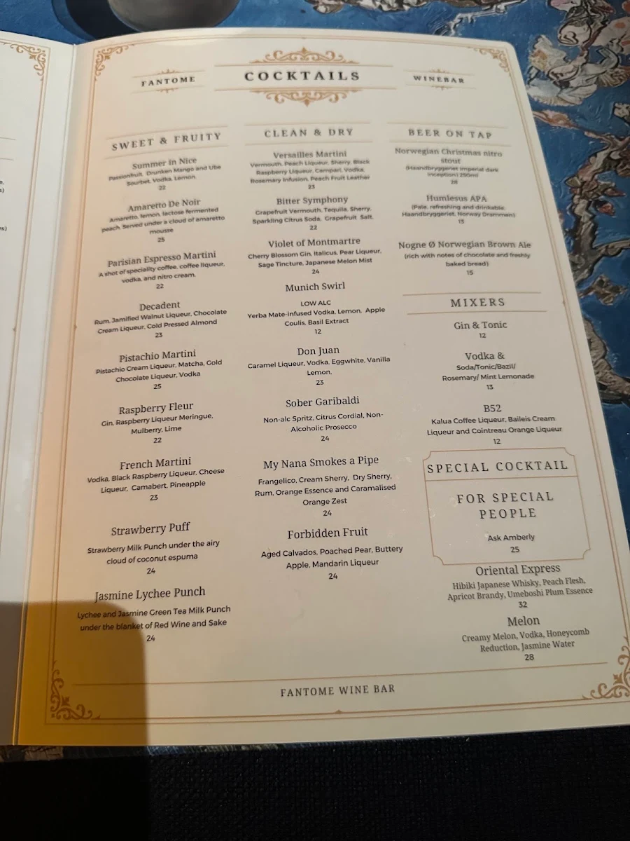 Menu, Fantome Wine Bar & Cocktails