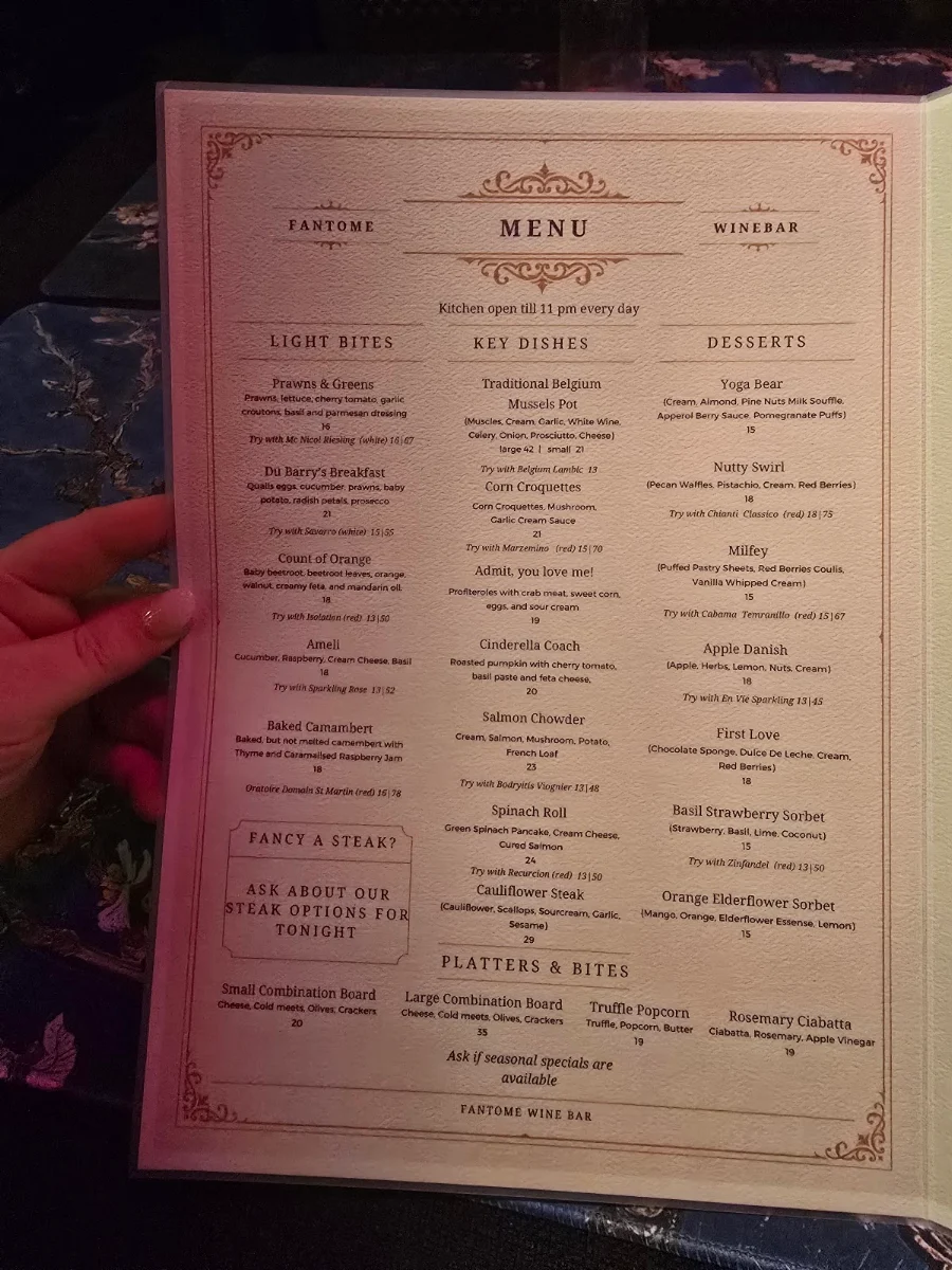 Menu, Fantome Wine Bar & Cocktails