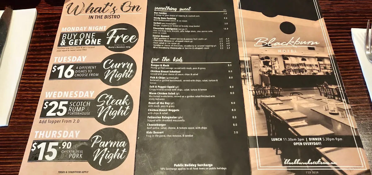 Menu, Blackburn Hotel