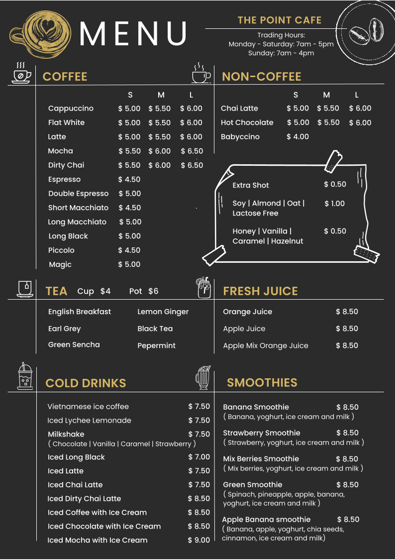 Menu, The Point Cafe