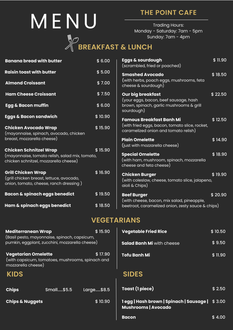 Menu, The Point Cafe