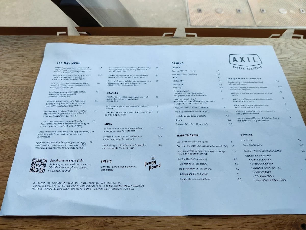 Menu, Axil Coffee Roasters Richmond